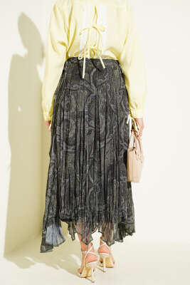 Etnik Desen Asimetrik Şifon Etek Haki - Thumbnail