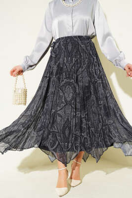 Etnik Desen Asimetrik Şifon Etek Füme - Thumbnail