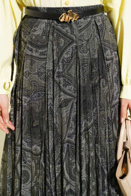 Etnik Desen Asimetrik Şifon Etek Haki - Thumbnail