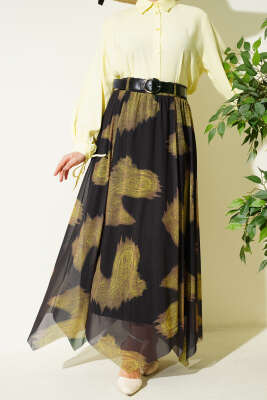 Paisley Desen Asimetrik Tül Etek Siyah - Thumbnail