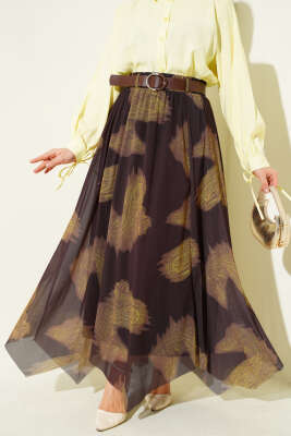 Paisley Desen Asimetrik Tül Etek Kahve - Thumbnail