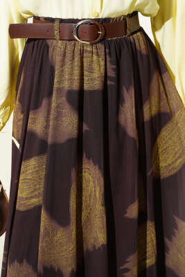 Paisley Desen Asimetrik Tül Etek Kahve - Thumbnail