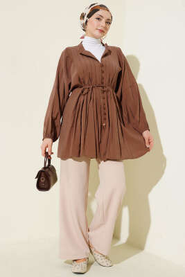 Önü Nervürlü Salaş Tensel Gömlek Kahve - Thumbnail