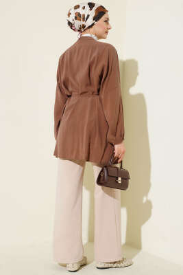 Önü Nervürlü Salaş Tensel Gömlek Kahve - Thumbnail