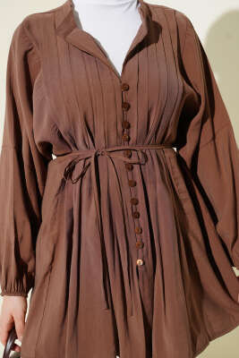 Önü Nervürlü Salaş Tensel Gömlek Kahve - Thumbnail