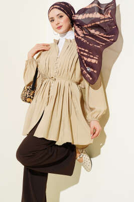 Önü Nervürlü Salaş Tensel Gömlek Bej - Thumbnail