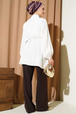 Önü Nervürlü Salaş Tensel Gömlek Beyaz - Thumbnail