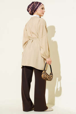 Önü Nervürlü Salaş Tensel Gömlek Bej - Thumbnail