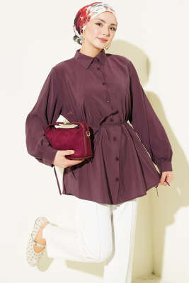 Pazarium - Sırt Dantelli İpli Tensel Gömlek Mürdüm