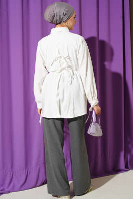 Sırt Dantelli İpli Tensel Gömlek Beyaz - Thumbnail