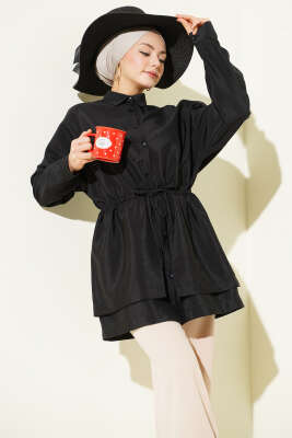 Bel Tünelli Oversize Odesa Gömlek Siyah - Thumbnail