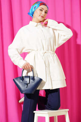 Pazarium - Bel Tünelli Oversize Odesa Gömlek Ekru