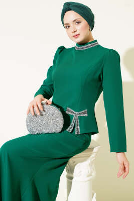 Fiyonk Taş Süslemeli Etekli İkili Takım Yeşil - Thumbnail