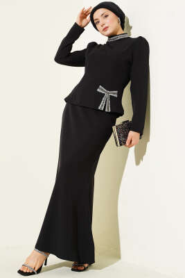 Fiyonk Taş Süslemeli Etekli İkili Takım Siyah - Thumbnail