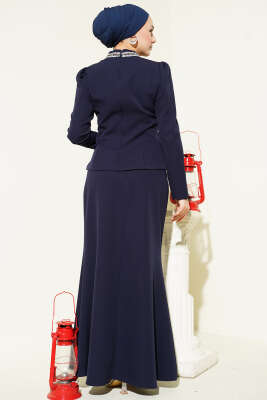 Fiyonk Taş Süslemeli Etekli İkili Takım Lacivert - Thumbnail