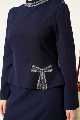 Fiyonk Taş Süslemeli Etekli İkili Takım Lacivert - Thumbnail