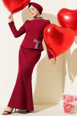 Pazarium - Fiyonk Taş Süslemeli Etekli İkili Takım Bordo