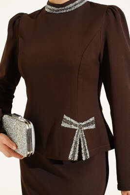 Fiyonk Taş Süslemeli Etekli İkili Takım Kahve - Thumbnail