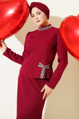 Fiyonk Taş Süslemeli Etekli İkili Takım Bordo - Thumbnail