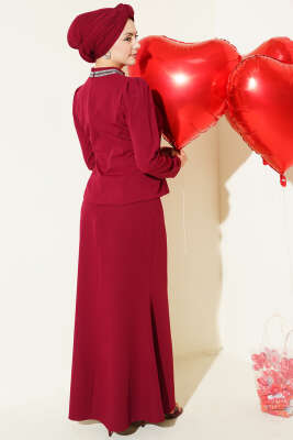 Fiyonk Taş Süslemeli Etekli İkili Takım Bordo - Thumbnail