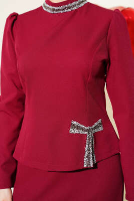 Fiyonk Taş Süslemeli Etekli İkili Takım Bordo - Thumbnail