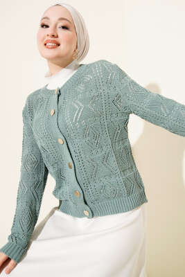 Pazarium - Düğmeli Ajurlu Kısa Triko Hırka Mint