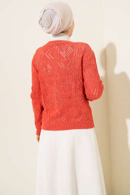 Düğmeli Ajurlu Kısa Triko Hırka Mercan - Thumbnail