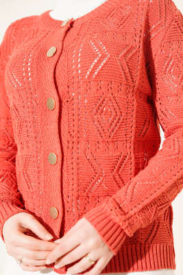 Düğmeli Ajurlu Kısa Triko Hırka Mercan - Thumbnail