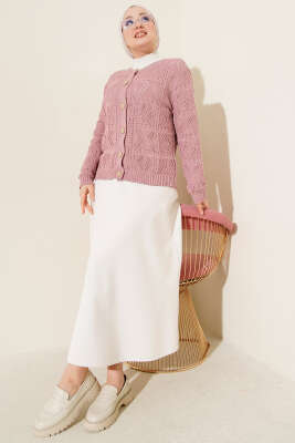 Düğmeli Ajurlu Kısa Triko Hırka Magenta - Thumbnail