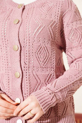 Düğmeli Ajurlu Kısa Triko Hırka Magenta - Thumbnail