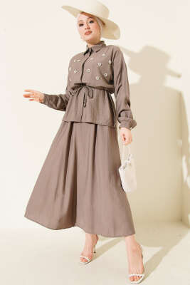 İnci Çiçekli Bel Tünelli Etekli Takım Vizon - Thumbnail