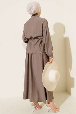 İnci Çiçekli Bel Tünelli Etekli Takım Vizon - Thumbnail