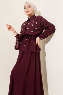 Pazarium - İnci Çiçekli Bel Tünelli Etekli Takım Mürdüm