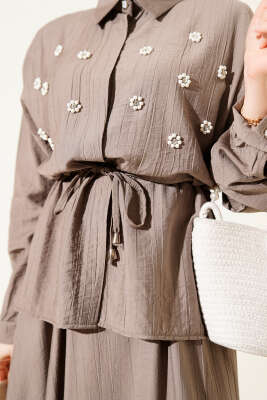 İnci Çiçekli Bel Tünelli Etekli Takım Vizon - Thumbnail