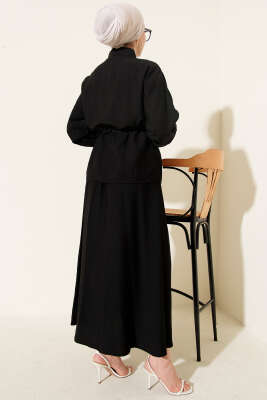 İnci Çiçekli Bel Tünelli Etekli Takım Siyah - Thumbnail