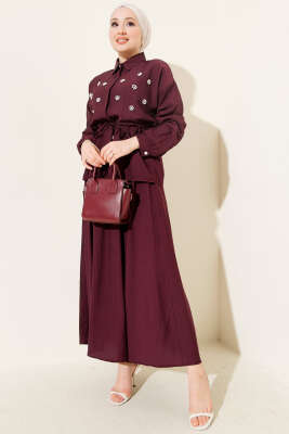 İnci Çiçekli Bel Tünelli Etekli Takım Mürdüm - Thumbnail