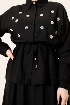 İnci Çiçekli Bel Tünelli Etekli Takım Siyah - Thumbnail