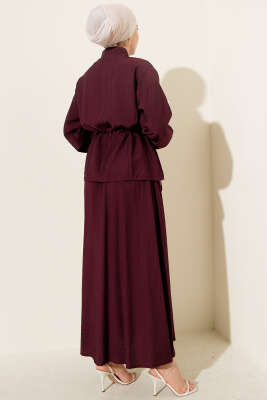 İnci Çiçekli Bel Tünelli Etekli Takım Mürdüm - Thumbnail