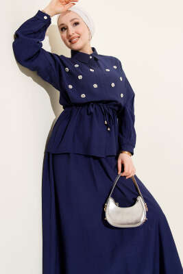 İnci Çiçekli Bel Tünelli Etekli Takım Lacivert - Thumbnail