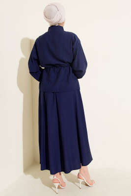 İnci Çiçekli Bel Tünelli Etekli Takım Lacivert - Thumbnail