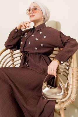 İnci Çiçekli Bel Tünelli Etekli Takım Kahve - Thumbnail