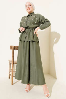 İnci Çiçekli Bel Tünelli Etekli Takım Haki - Thumbnail