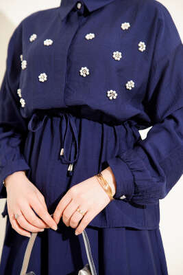 İnci Çiçekli Bel Tünelli Etekli Takım Lacivert - Thumbnail