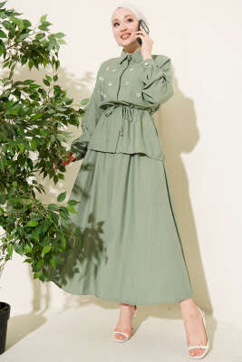 Pazarium - İnci Çiçekli Bel Tünelli Etekli Takım Çağla Yeşili