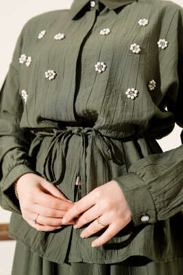 İnci Çiçekli Bel Tünelli Etekli Takım Haki - Thumbnail