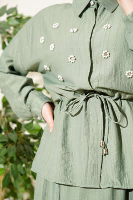 İnci Çiçekli Bel Tünelli Etekli Takım Çağla Yeşili - Thumbnail