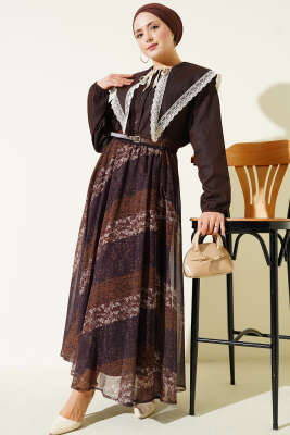 Kemer Detaylı Bel Lastikli Desenli Etek Kahve - Thumbnail