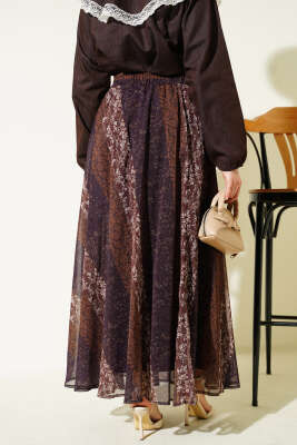 Kemer Detaylı Bel Lastikli Desenli Etek Kahve - Thumbnail