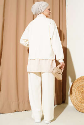 Yarım Düğmeli Garnili Takım Bej - Thumbnail