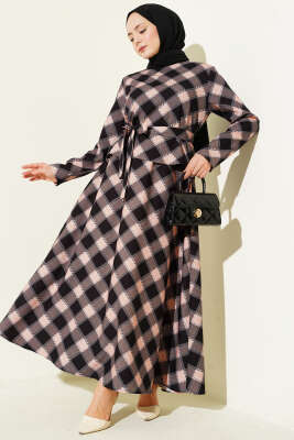 Ekoseli Desenli Etekli Bluzlu Takım Siyah - Thumbnail